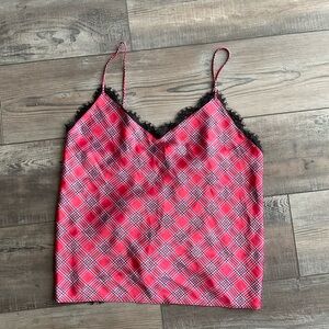 Plaid Pink Cami Top with Lace Trim